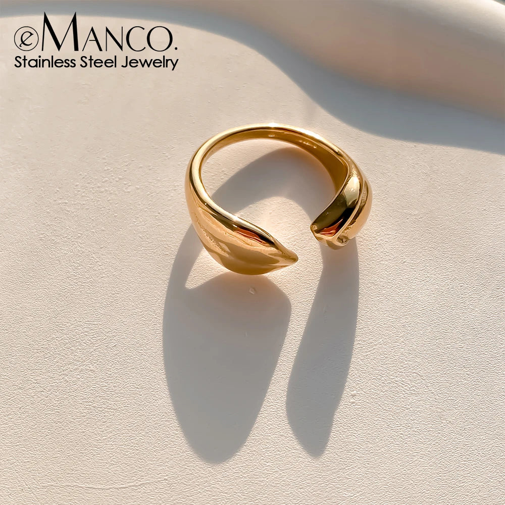 eManco Smooth Plating Asymmetric Women's Skeleton Leaf Shape Open End Ring Stainless Steel Waterproof  Jewelry 48 Hour Shipping